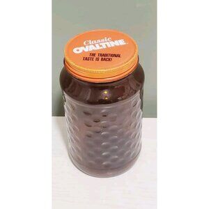 Ovaltine Vintage Collectable Honeycomb Glass Amber Jar, w/Yellow Ovaltine Lid